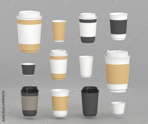 3D Set of paper coffee cups, mockup blank disposable eco containers for takeaway hot drinks, collection big and small black, white and brown paper mug isolated on grey background. Realistic 3D render