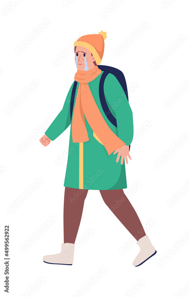 Refugee boy with backpack running away from war semi flat color vector character. Sobbing figure. Full body person on white. Simple cartoon style illustration for web graphic design and animation