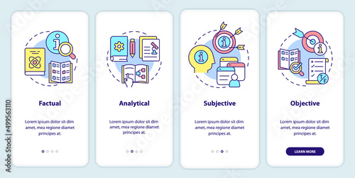 Information types onboarding mobile app screen. Factual and analytical walkthrough 4 steps graphic instructions pages with linear concepts. UI, UX, GUI template. Myriad Pro-Bold, Regular fonts used