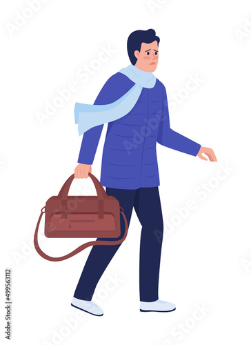 Male refugee leaving home by war and persecution semi flat color vector character. Frightened figure. Full body person on white. Simple cartoon style illustration for web graphic design and animation