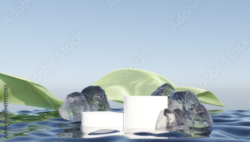 An ice platform for displaying your procuct 3D render, surrounded by ice stones on white background. photo