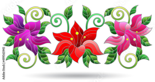 An illustration in the style of a stained glass window with lily flowers, a plant isolated on a white background