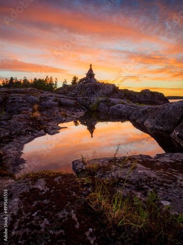 Island shore on lake Ladoga. Summer landscape. Wild nature