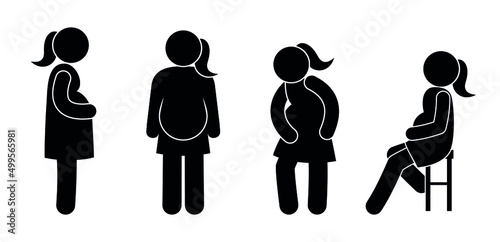 pregnant woman icon, set of isolated stick figure pictograms, girl with big belly