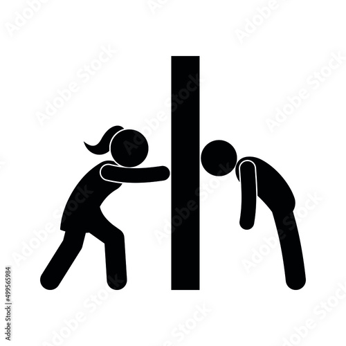 a man and a woman pushing a wall, overcoming an obstacle, a person icon, a metaphor for relationship problems