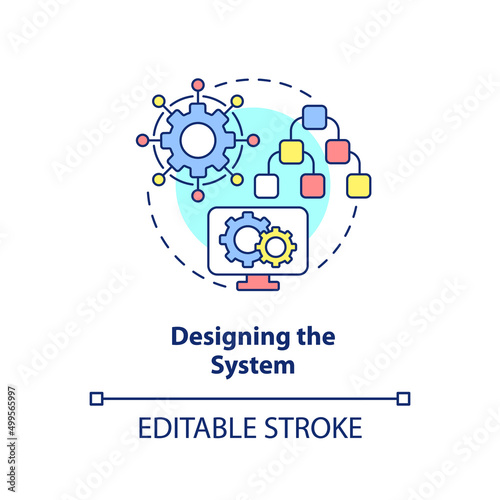 Designing system concept icon. Info system development life cycle abstract idea thin line illustration. Architecture. Isolated outline drawing. Editable stroke. Arial, Myriad Pro-Bold fonts used © bsd studio