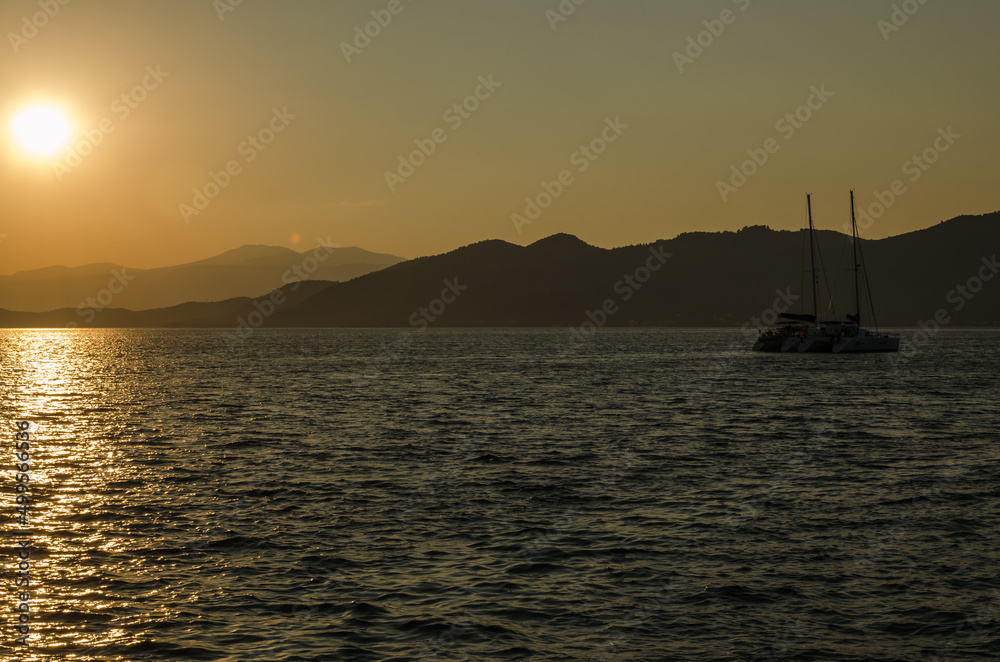 Evia island, Greece - July 01. 2020: Sunset on the island of Evia, Greece.