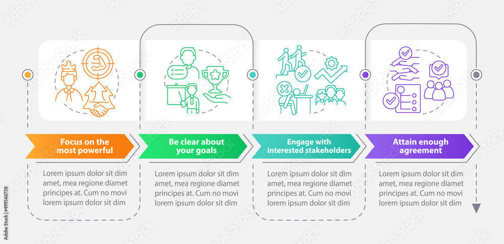 Stakeholders engagement rectangle infographic template. Data visualization with 4 steps. Process timeline info chart. Workflow layout with line icons. Myriad Pro-Bold, Regular fonts used