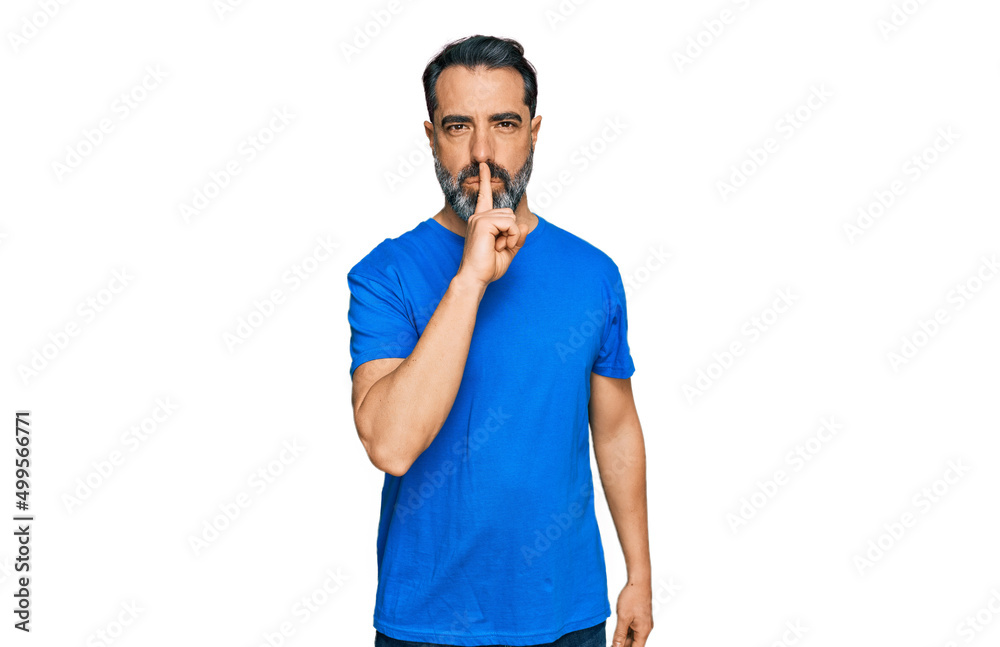 Middle aged man with beard wearing casual blue t shirt asking to be quiet with finger on lips. silence and secret concept. Middle aged man with beard wearing casual blue t shirt asking to be quiet with finger on lips. silence and secret concept.