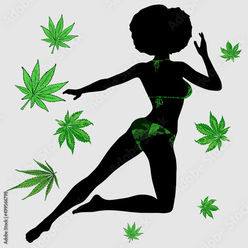 Woman's silhouette with afro hairstyle flying around marijhuana leaf. Watercolor vector design template
