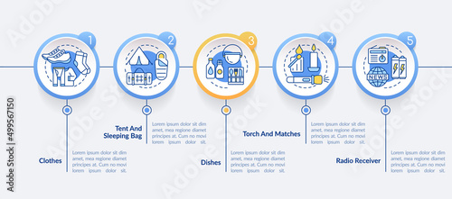Things to put in surviving backpack circle infographic template. Data visualization with 5 steps. Process timeline info chart. Workflow layout with line icons. Lato-Bold, Regular fonts used