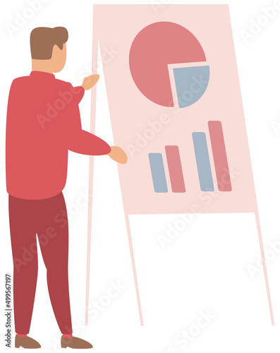 Man standing next to flipchart with diagram. Presentation board with statistical data. Business report showroom with poster and lecturer. Businessman demonstrates results of statistical research