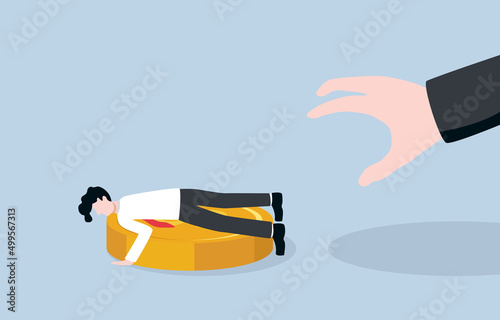 Notification to pay individual income tax, avoiding payroll deduction, tax evasion concept. Businessman lying face down cover big dollar coin while big hand trying to take it.