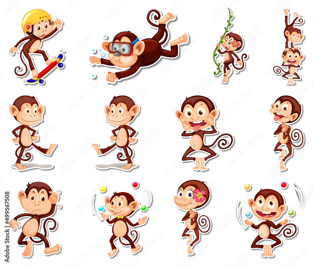 Sticker set of funny monkey cartoon characters Sticker set of funny monkey cartoon characters
