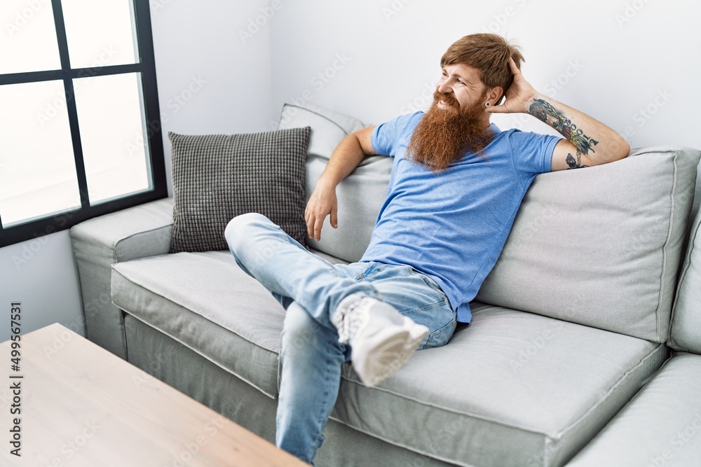 Young irish man smiling happy sitting on the sofa at home. Young irish man smiling happy sitting on the sofa at home.