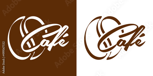 Coffee Shop. Banner con texto manuscrito Café en español con silueta de frijol de café con líneas en fondo marrón y fondo blanco