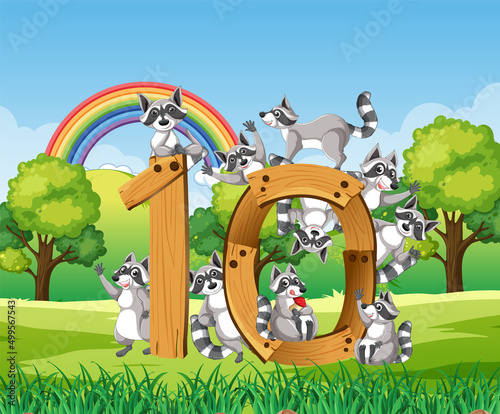 Ten raccoons attached to number eight