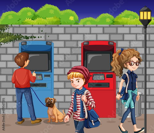 ATM machine street scene with people