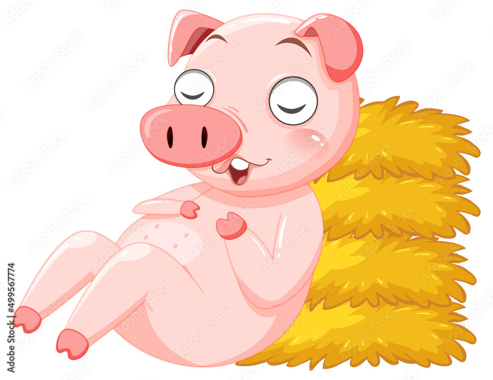 Fototapeta premium Little pig sleeping by haystack