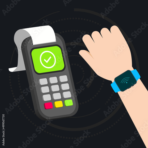 nfc cashless transaction proccess with payment terminal and smart watch illustration