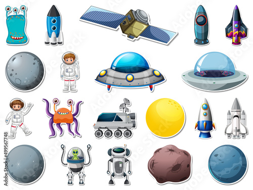 Sticker set of outer space objects and astronauts