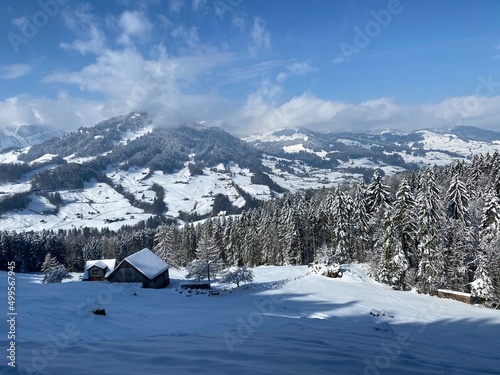 Winter snow idyll in the Thur river valley (or Thurtal) between the Alpstein and Churfirsten mountain massifs, Nesslau - Obertoggenburg region, Switzerland / Schweiz