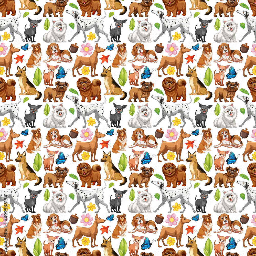 Seamless design with many cute dogs