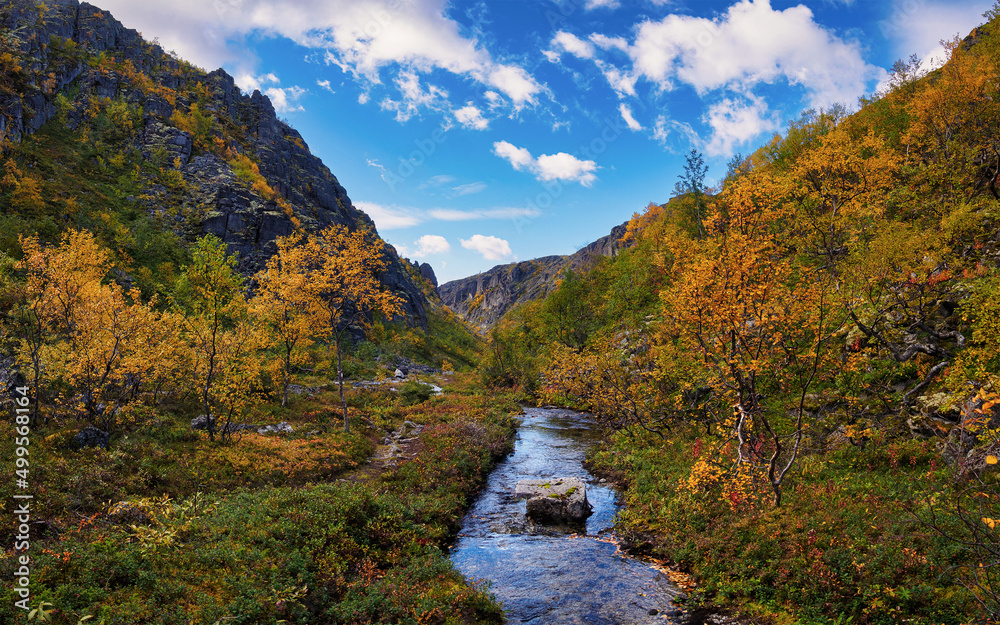 River in the Khibiny mountains in autumn. Autumn landscape