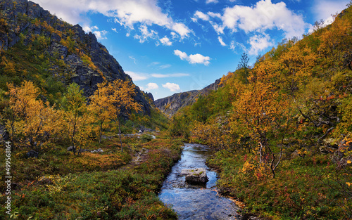 River in the Khibiny mountains in autumn. Autumn landscape