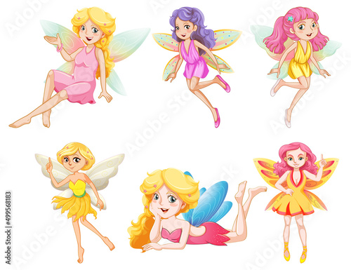 Set of different beautiful fairy girl cartoon character