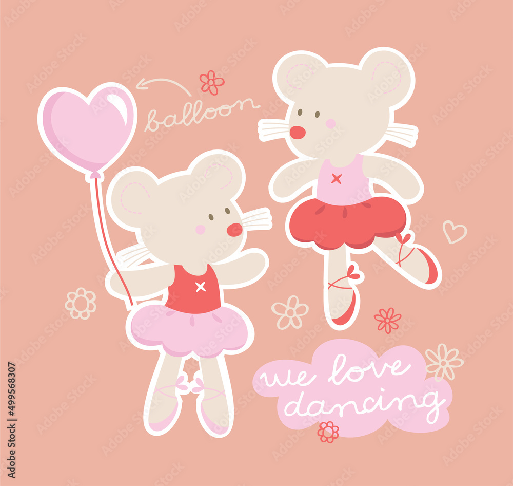 little mouse ballet dancing with balloon cartoon vector we love dancing illustration for print and other garment uses.