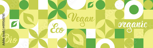 Bio label for ecological social projects, seamless pattern for eco packaging with green flowers. Natural style banner, mosaic of geometric white shapes, organic background for vegans.