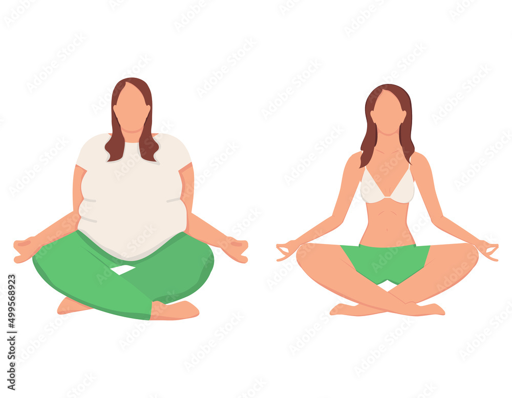 Two women in the lotus pose practicing yoga. Weight loss concept. Healthy lifestyle. Vector illustration Two women in the lotus pose practicing yoga. Weight loss concept. Healthy lifestyle. Vector illustration