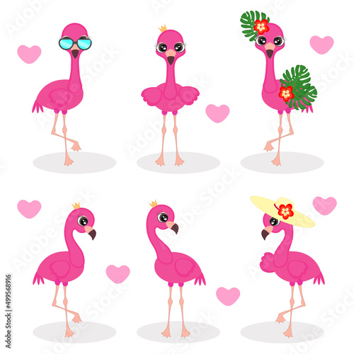 Set of pink flamingos in different poses Cartoon, Cute collection of flamingos isolated exotic bird Vector ,print for textiles, packaging, postcard