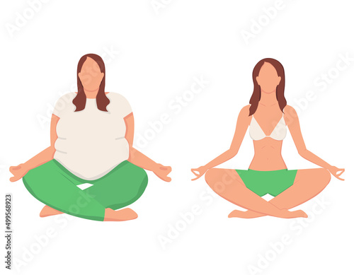 Two women in the lotus pose practicing yoga. Weight loss concept. Healthy lifestyle. Vector illustration