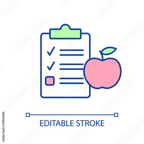 Healthy diet plan RGB color icon. Balanced dieting. Weight loss menu. Vegetarian nutrition. Isolated vector illustration. Simple filled line drawing. Editable stroke. Arial font used