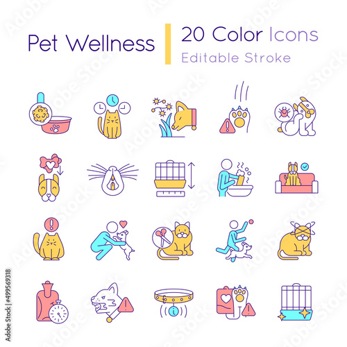 Pet wellness RGB color icons set. Routine veterinary care. Animal behavior, nutrition. Isolated vector illustrations. Simple filled line drawings collection. Editable stroke. Quicksand-Light font used