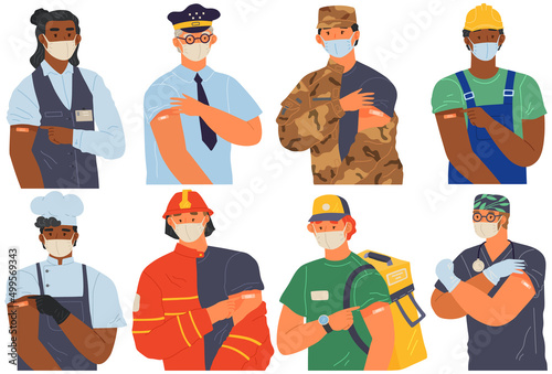 Stop coronavirus agitation concept. Vaccination promo, immunization of workers. Vaccine saves lives. People wearing protective mask showing their arm with bandage after receiving covid-19 vaccine
