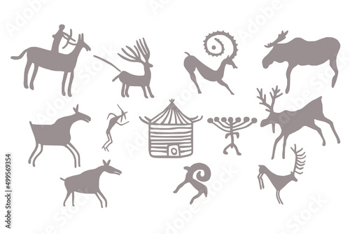 A series of petroglyphs, rock paintings of Siberia, vector design