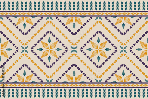 Ikat seamless pattern in tribal. Fabric ethnic pattern art. Flower decoration. Design for background, wallpaper, vector illustration, fabric, clothing, carpet, textile, batik, embroidery.