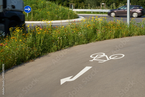 Wildflowers at the traffic circle. Round traffic island with blue road sign. Gray Bike path in the foreground. Intersection on german road. Truck and car. Germany.