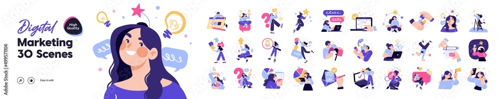 Fototapeta premium Business Marketing illustrations. Mega set. Collection of scenes with men and women taking part in business activities. Trendy vector style