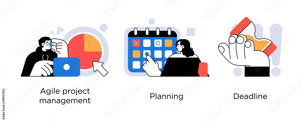 Business project management tools and phases - set of business concept illustrations. Agile management, planning, deadline. Visual stories collection.