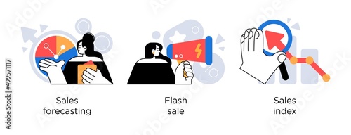 Retail financial strategy and sales analytics - set of business concept illustrations. Sales forecasting, flash sale and sale index. Visual stories collection.