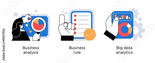 Business research innovations and solutions - set of concept illustrations. Business analysis, business rule, big data analytics. Visual stories collection.