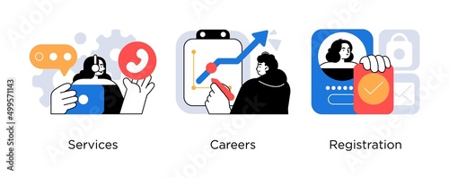 Corporate website sections or pages - set of business concept illustrations. Services, careers, registration. Visual stories collection.