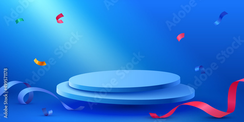 Abstract scene background. Cylinder podium background with confetti and ribbons. Product presentation, mock up, show cosmetic product, Podium, stage pedestal or platform.