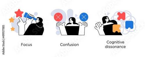 Different mental states - set of abstract concept illustrations. Focus, confusion, cognitive dissonance. Visual stories collection.