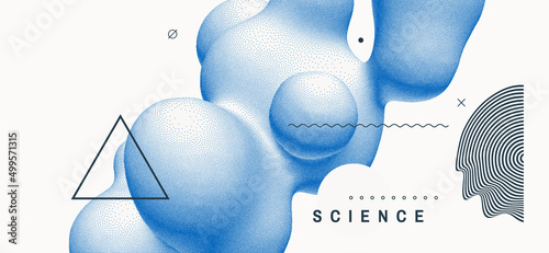 Abstract three-dimensional composition in dotwork style. Pointillism graphic. Dot stipple design. 3D vector illustration with dynamic effect. Template for banner, flyer, poster, cover or brochure.
