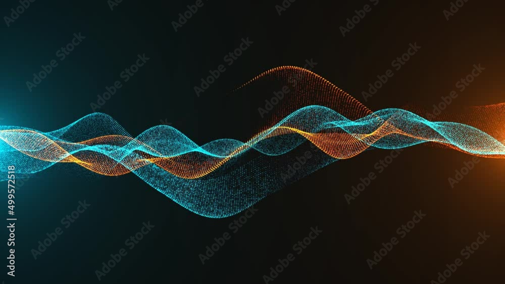 Shimmer animated double wave. Plexus of lines, point. Connection fire and ice. Glow dots. Diffusion science. LED strip. Clash of elements. Yin and yang. Background for technology, business. 4k.